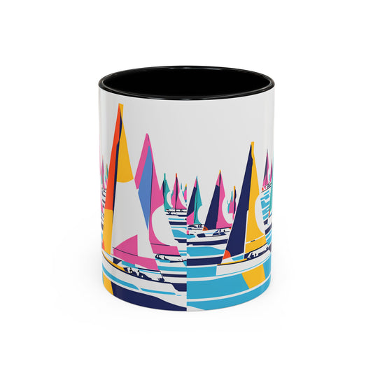Sailboat Fleet Accent Coffee Mug — Colorful Sailing Ocean Design (11/15oz)