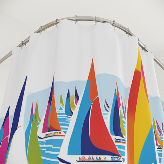 Sailboat Waves Shower Curtain — Colorful Regatta Beach Bathroom Decor