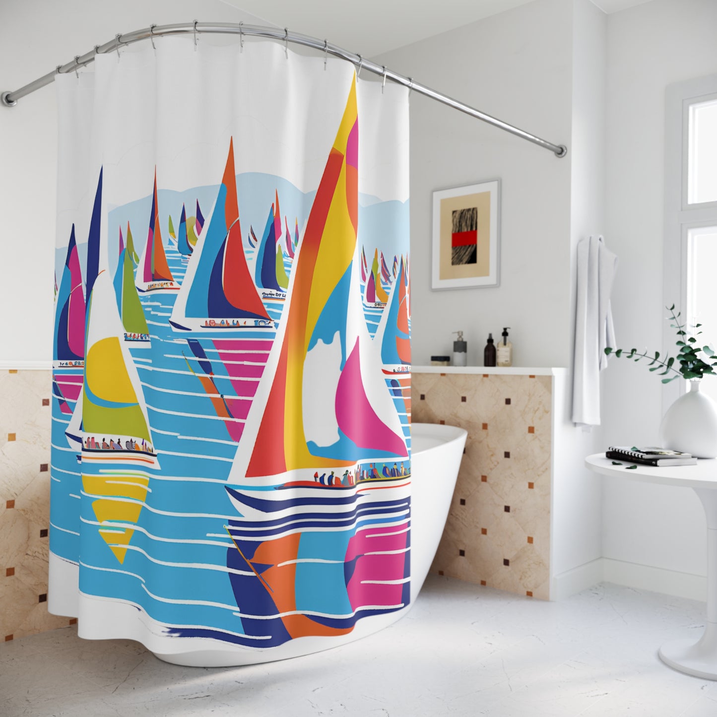 Sailboat Waves Shower Curtain — Colorful Regatta Beach Bathroom Decor