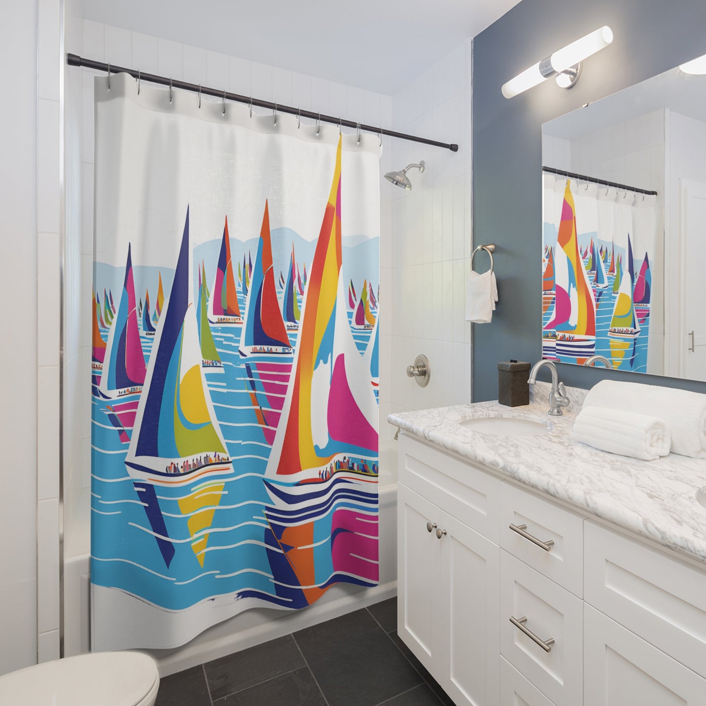 Sailboat Waves Shower Curtain — Colorful Regatta Beach Bathroom Decor