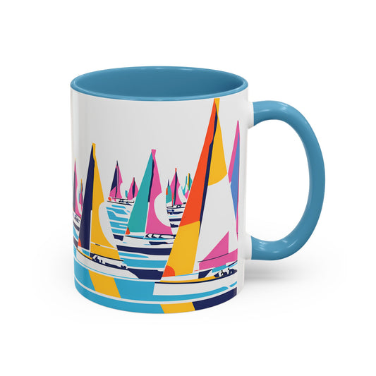 Sailboat Fleet Accent Coffee Mug — Colorful Sailing Ocean Design (11/15oz)