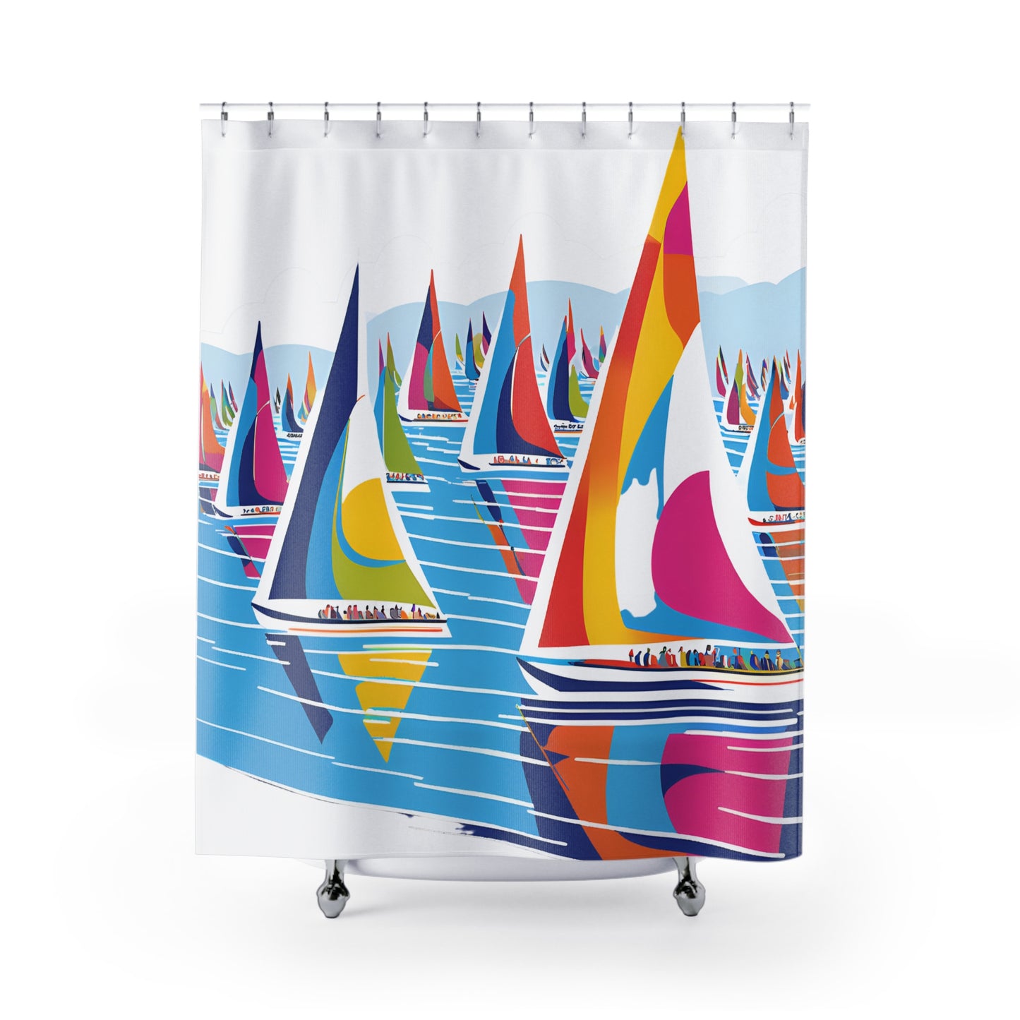 Sailboat Waves Shower Curtain — Colorful Regatta Beach Bathroom Decor