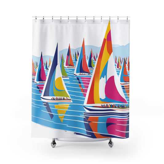 Sailboat Waves Shower Curtain — Colorful Regatta Beach Bathroom Decor